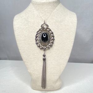 Tassel Pendant Central Black Cabochon Stone Burnished Silver Tone Metal